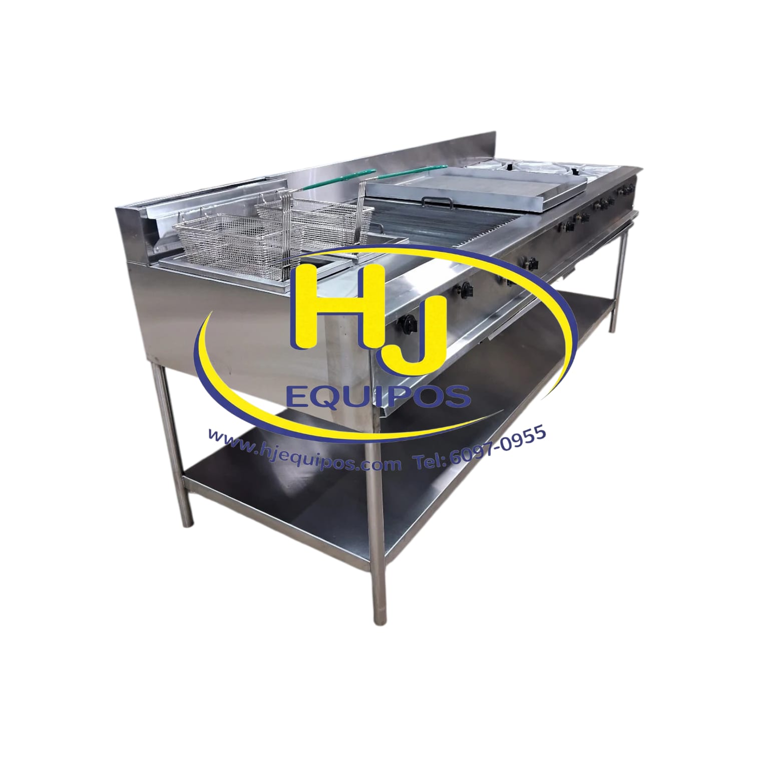 Cocina de 2 quemadores, plancha, parrilla y 2 tanques de freidor