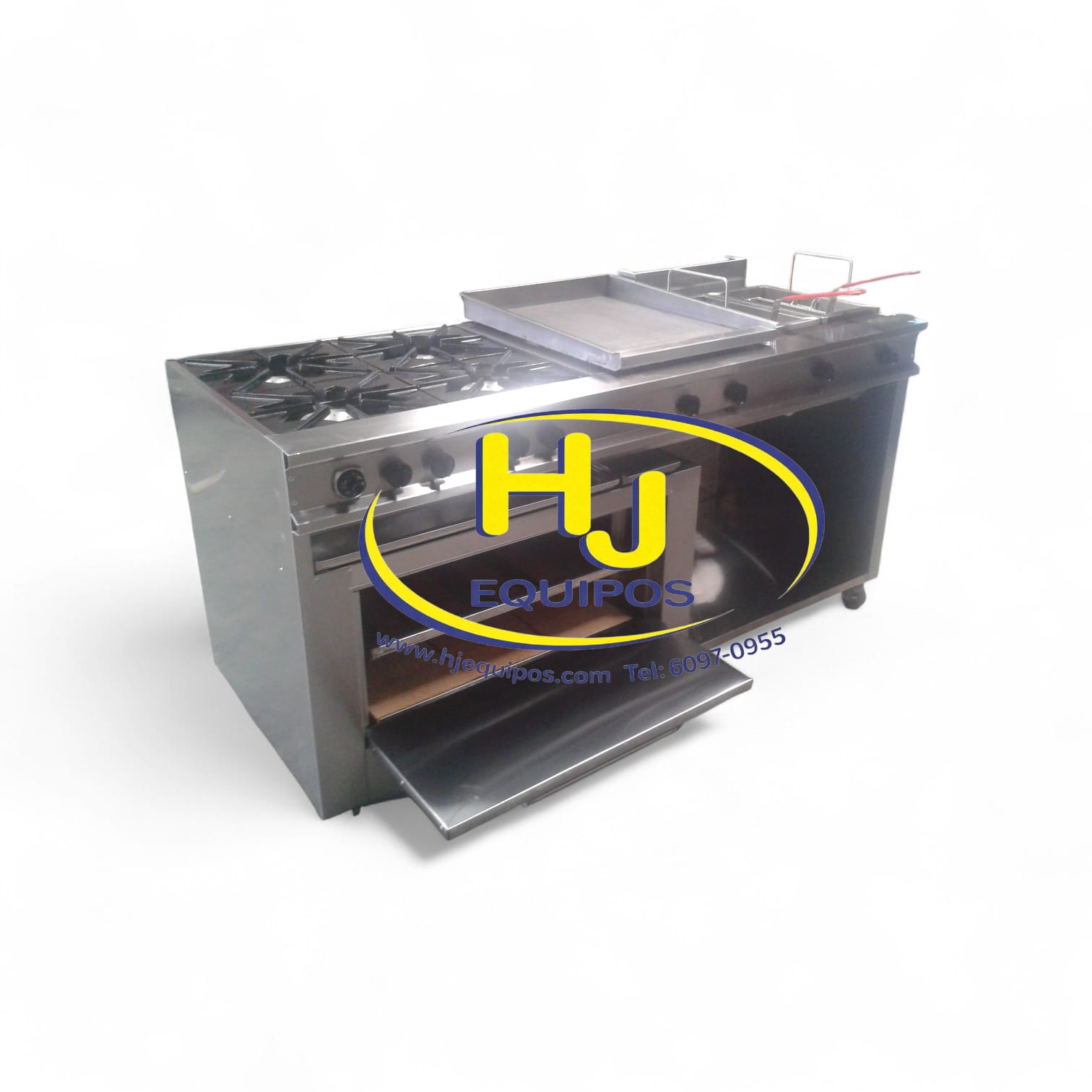 Cocina de 4 quemadores, plancha, 2 tanques freidor y horno