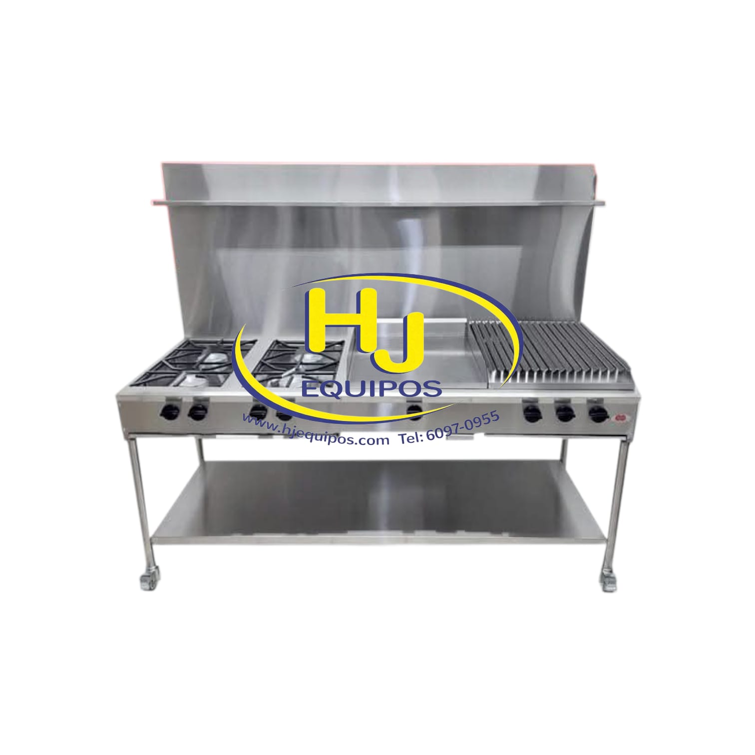 Cocina de 4 quemadores, plancha, parrilla y base de acero