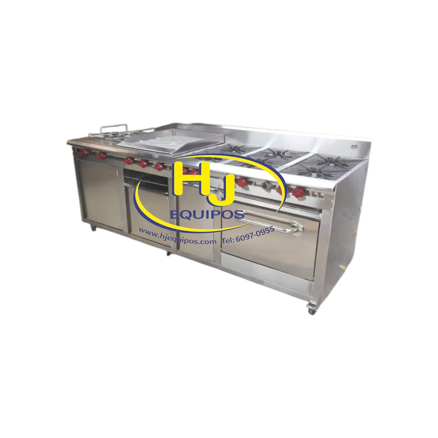 Cocina de 6 quemadores, plancha, 2 tanques freidor y horno
